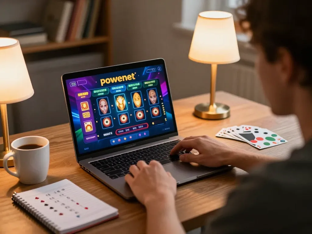 Playing the powernet slot on a laptop, surrounded by strategy notes and warm lighting