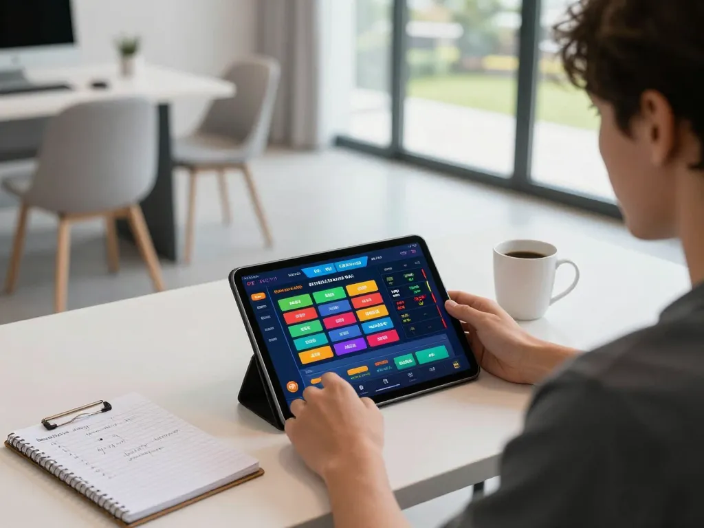 Engaging with kèo nhà cái through a tablet at a modern online gambling setup, displaying vibrant betting options.