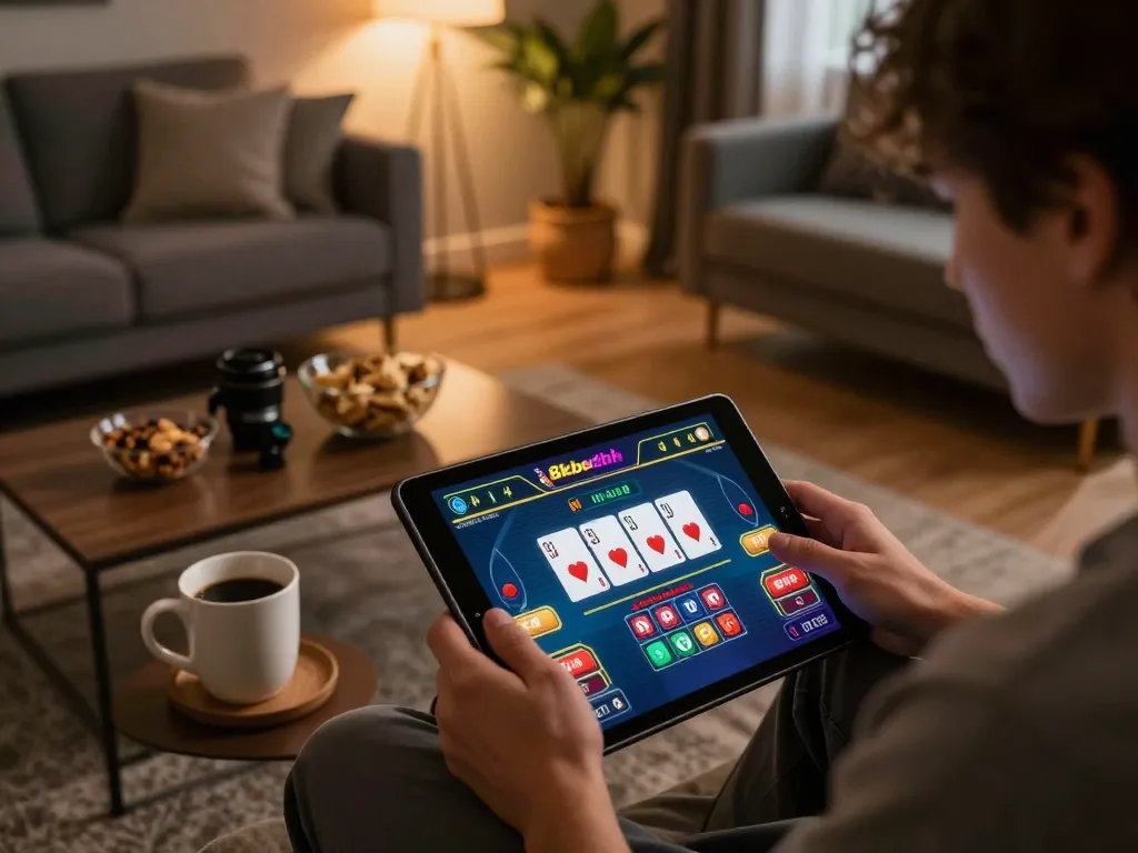 Engaged player enjoying a live dealer game interface on their tablet, highlighting 8kbetbh gaming experience.