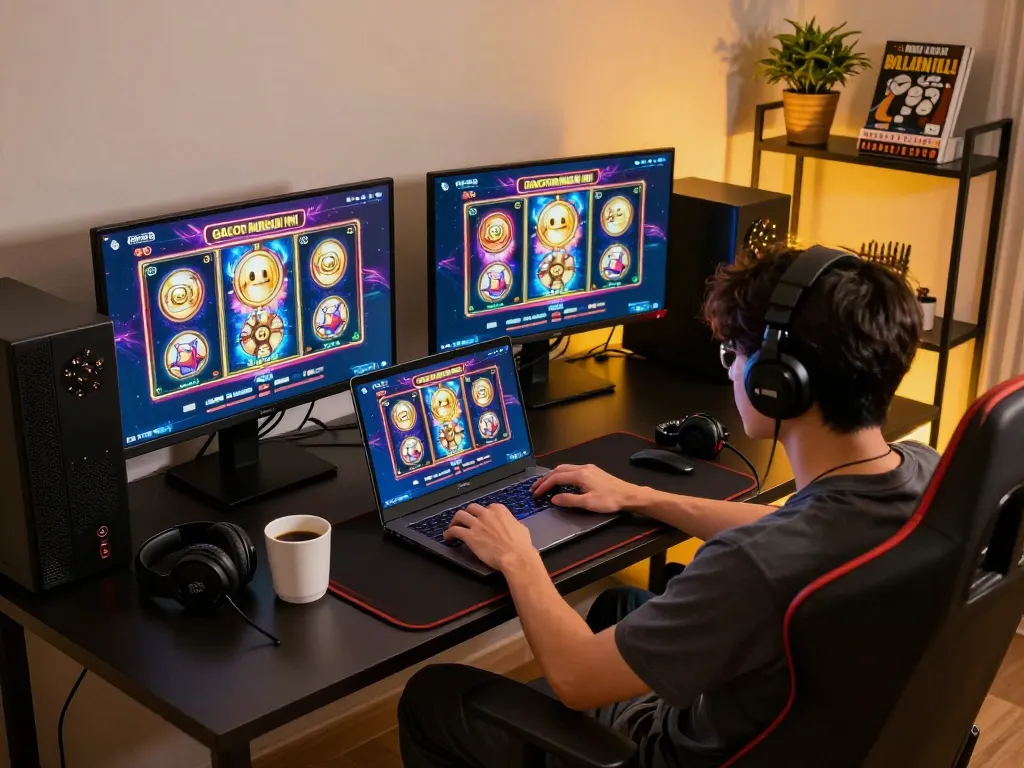 Engaging in slot gacor malam ini online gaming with vibrant visuals on laptop at home setup.