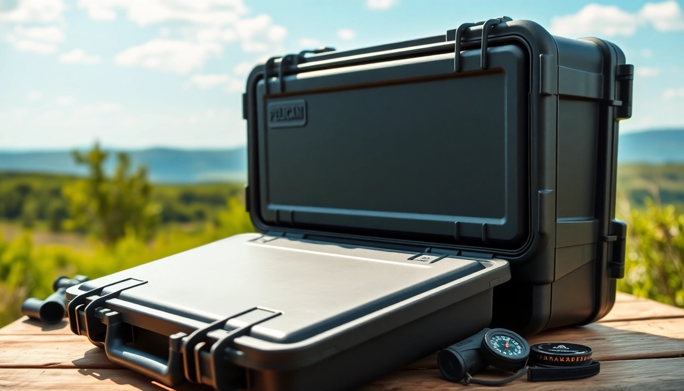 Showcase of a pelican rifle case surrounded by outdoor accessories, highlighting its durability and protection.
