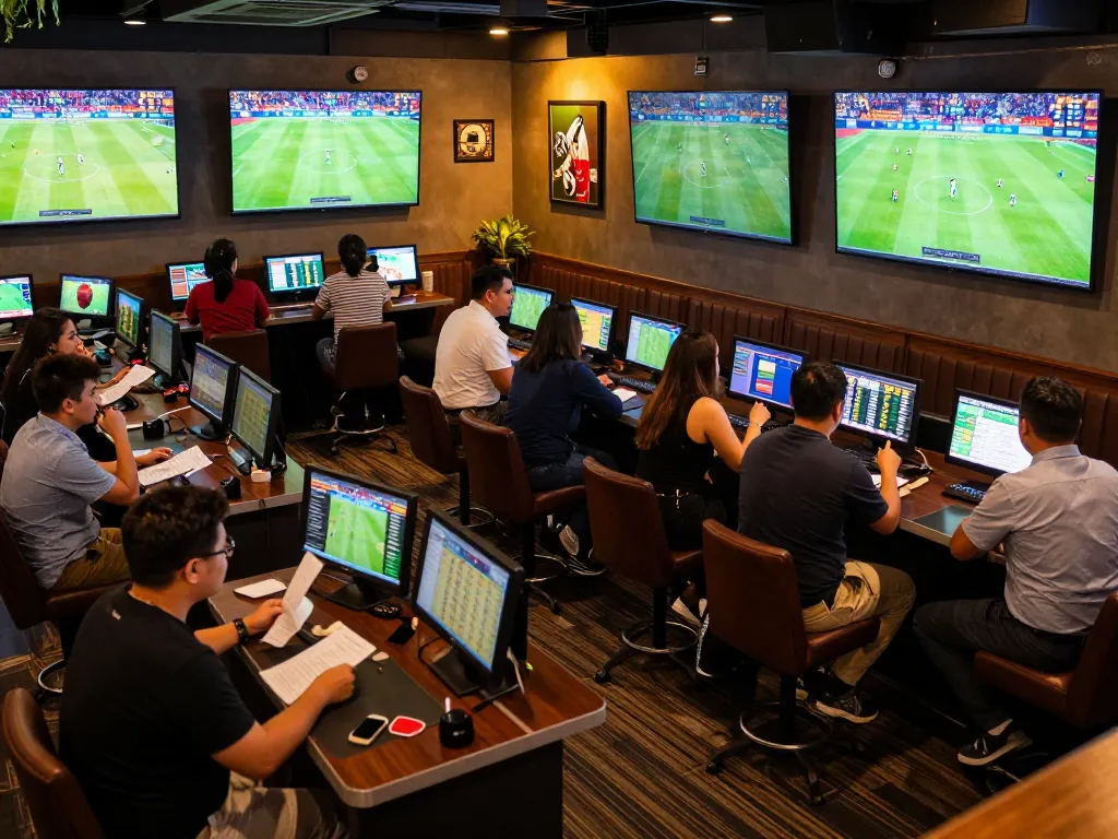 Bettors analyzing odds on kèo nhà cái in a lively sports betting lounge with large screens displaying matches.