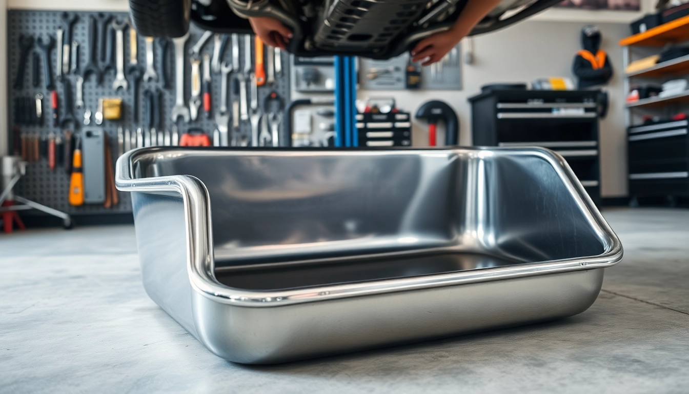 Efficient oil drain pan positioned under a vehicle, showcasing its utility and design.