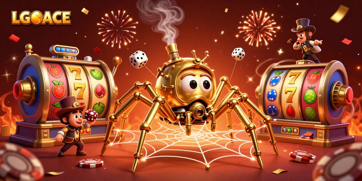 A 3D illustration showcasing LGOACE with a steampunk spider and exciting slot game elements.