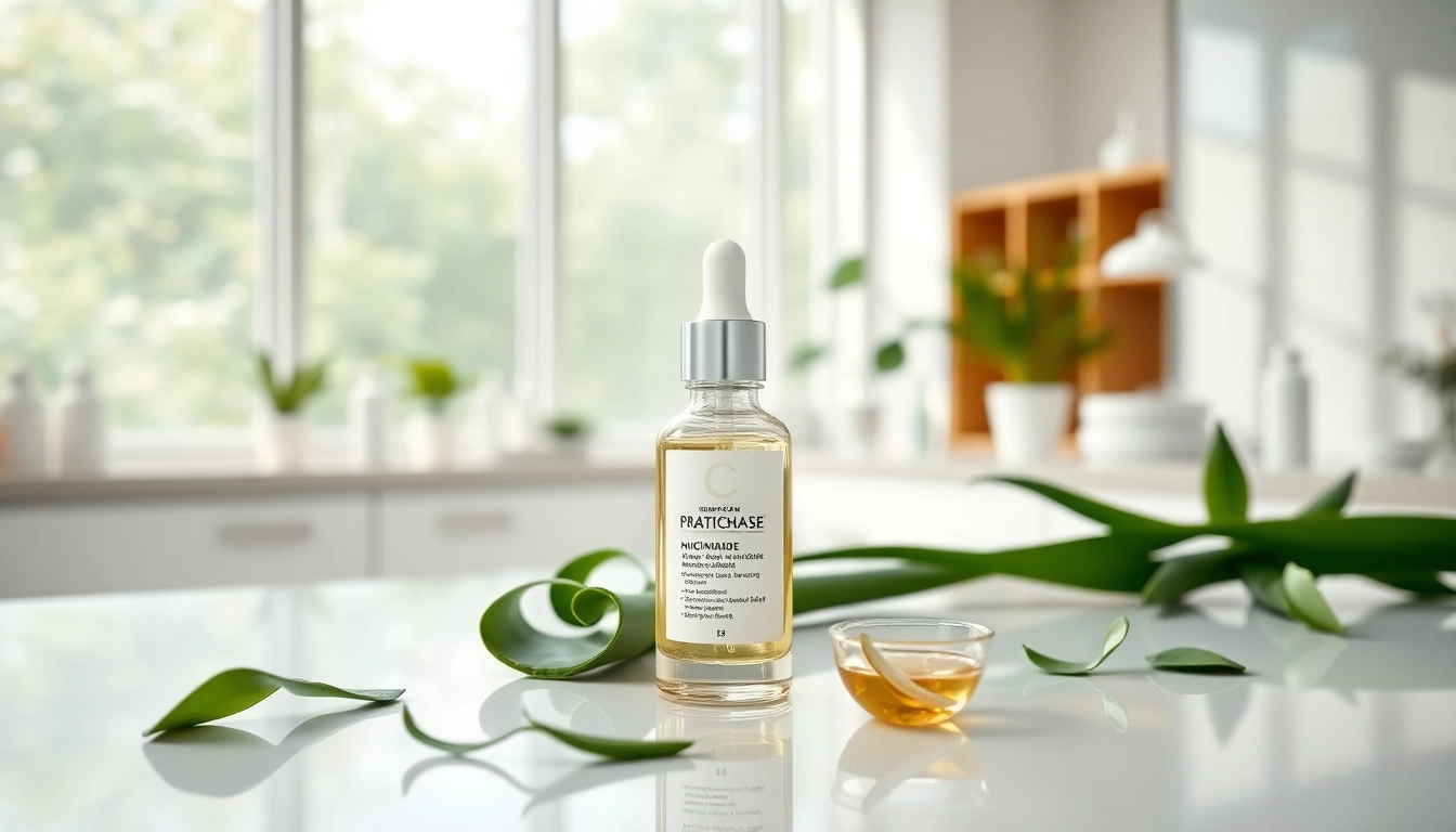 Visuellt tilltalande flaska med niacinamidsserum bland färska ingredienser i en lugn laboratoriemiljö.