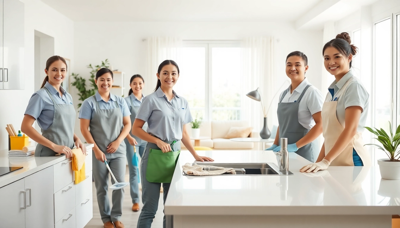 Employees providing cleaning services near me in a sparkling, modern kitchen.