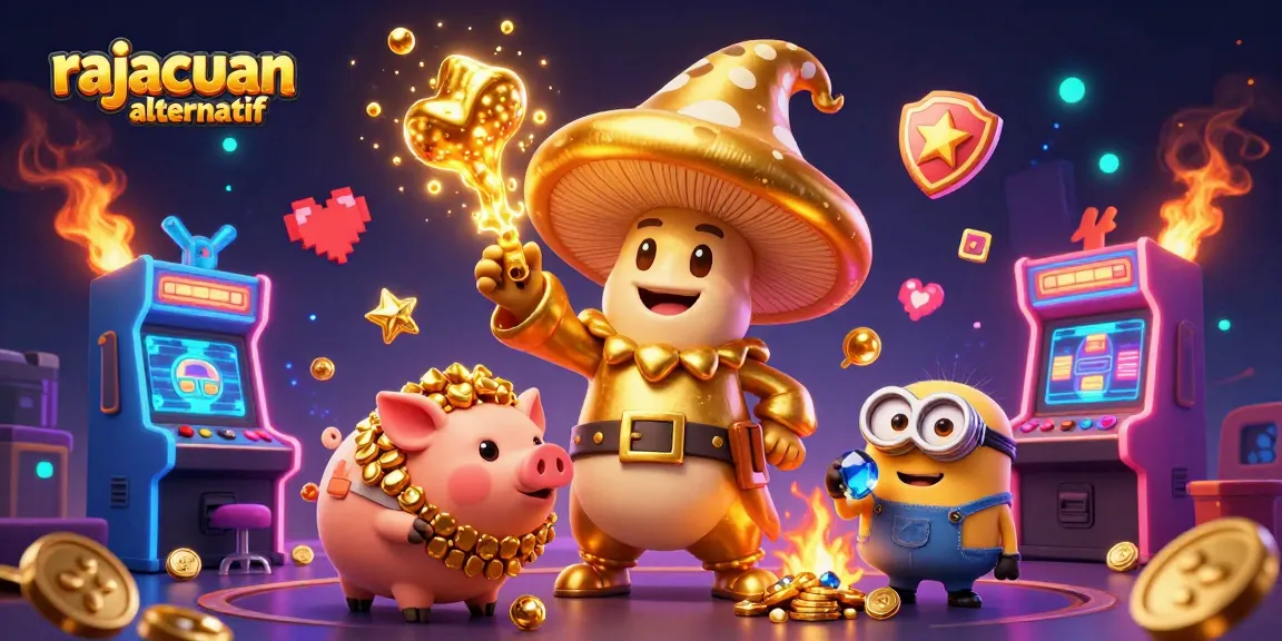 Menghadirkan rajacuan alternatif dengan wizard jamur emas dan elemen game kasino, bersinar cerah dan penuh warna.