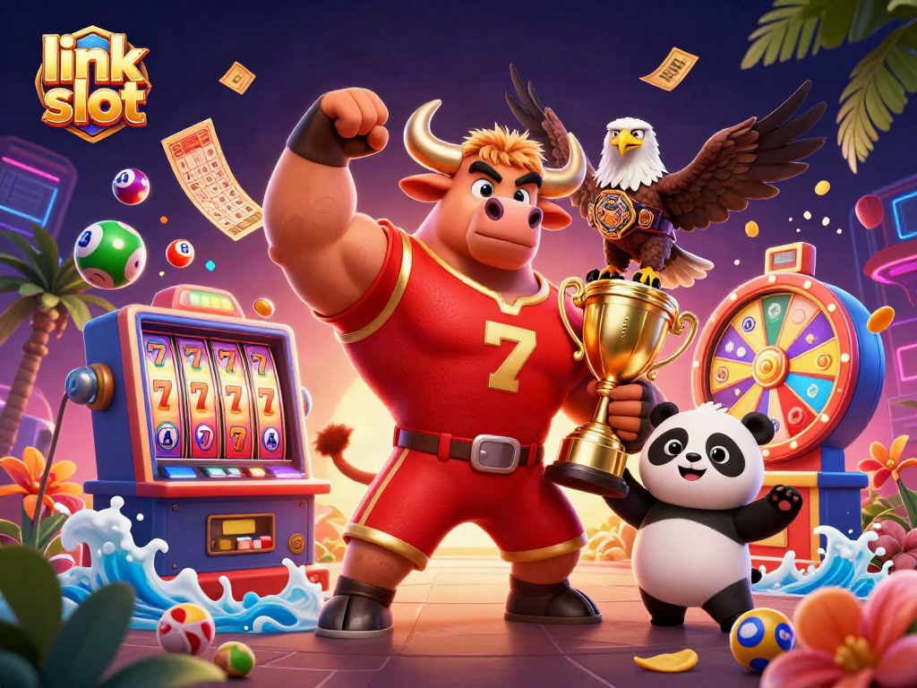 Experience thrilling gameplay with link slot showcasing an energetic scene with a bull mascot, eagle, and panda.