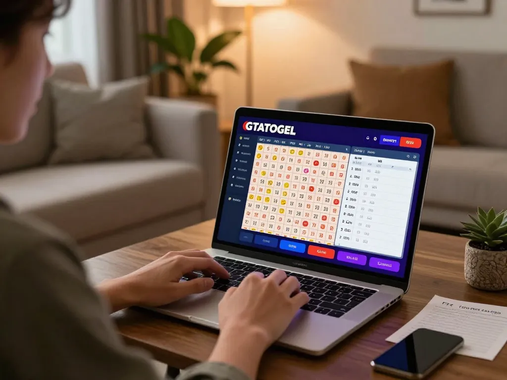 Player engaging with GTATOGEL for lottery predictions in a cozy home gaming setup