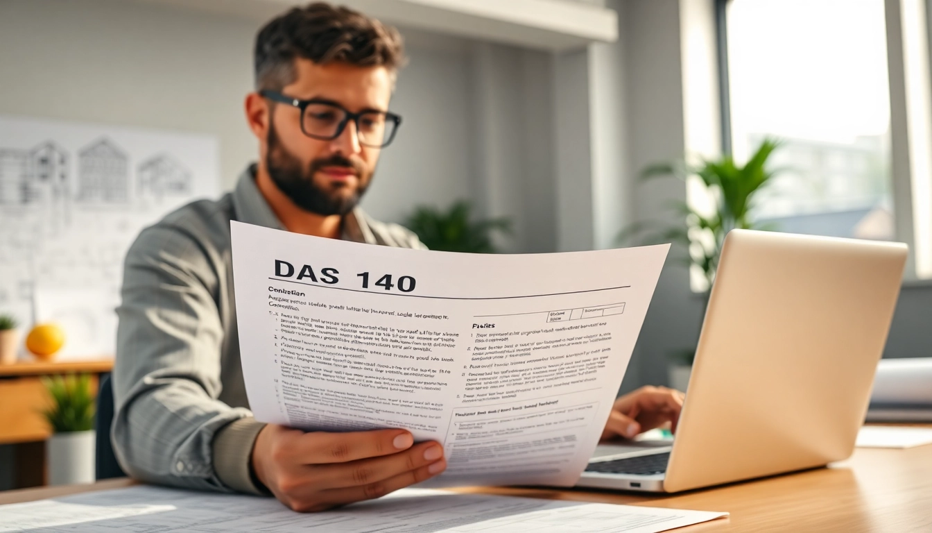 Contractor analyzing das 140 form amidst organized workspace, highlighting professionalism.