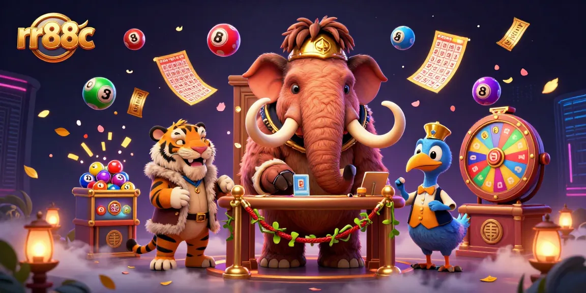 Join the exciting world of rr88c with a mammoth bouncer and saber-tooth tiger VIP in a vibrant casino scene featuring lottery games.