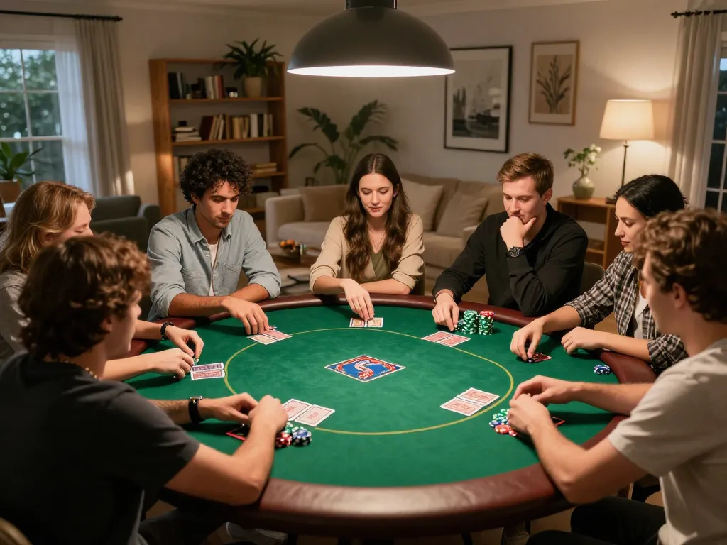 Friends enjoying a poker game at home, embracing hidden wiki onion values of social gambling and strategic gameplay.