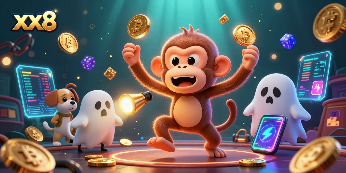 Experience thrilling gameplay with xx8 as a poltergeist monkey juggles golden coins in a haunted casino.