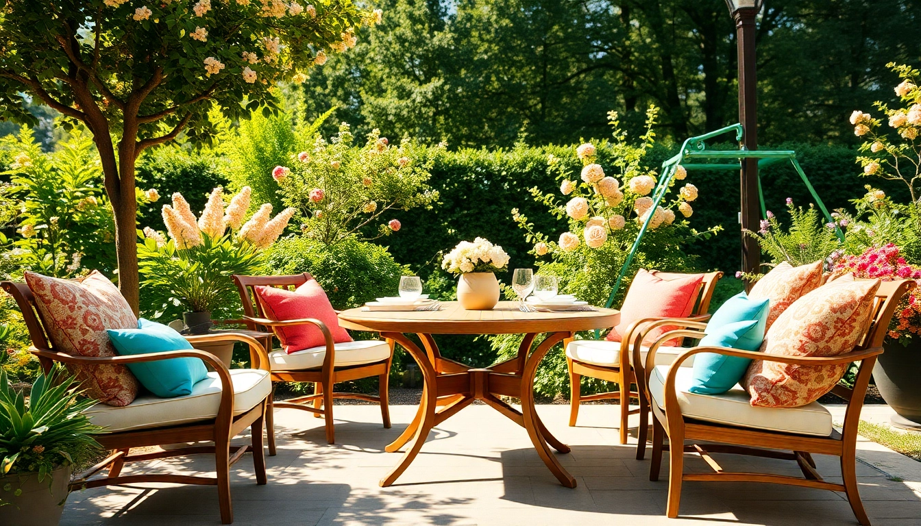 Enhance your outdoor space with stylish patio furniture in a serene garden setting.