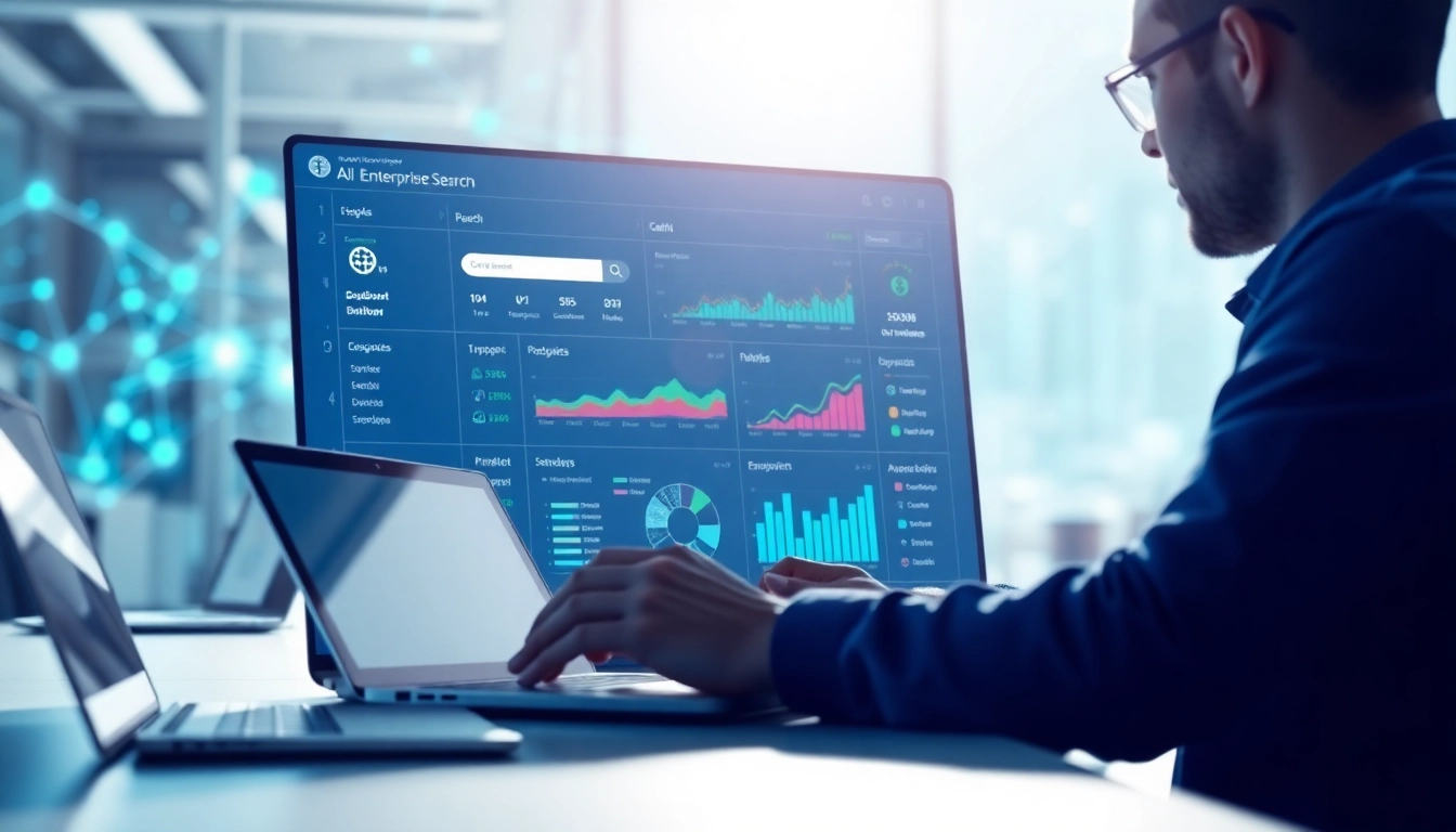 Enhance ai enterprise search with a professional user interface in a modern office.