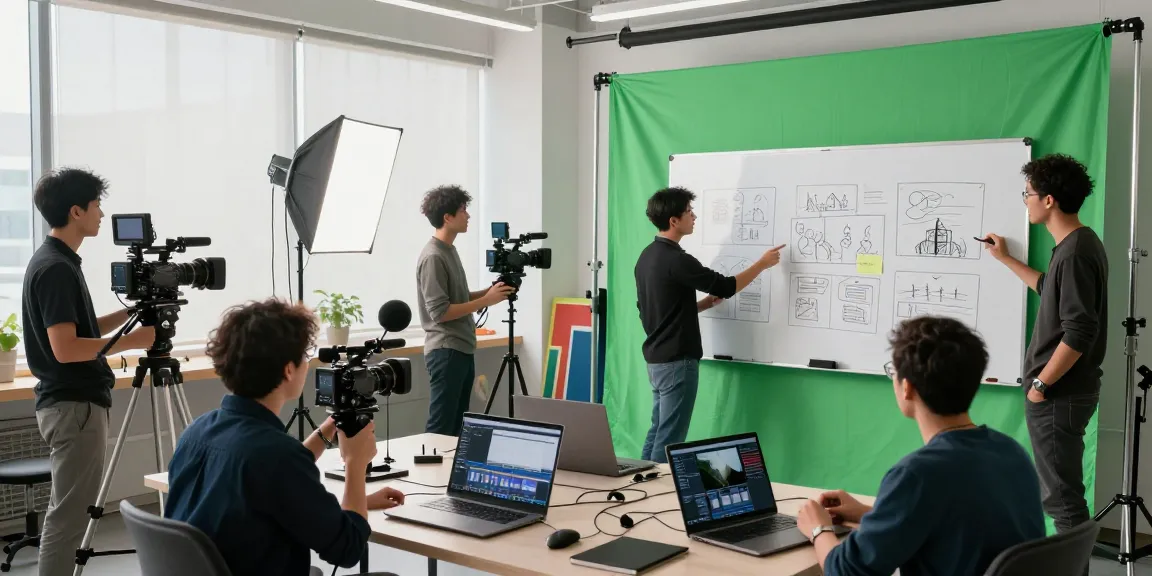 Corporate Video Production Company in Singapore team collaborating in a modern studio, focusing on creative video content.