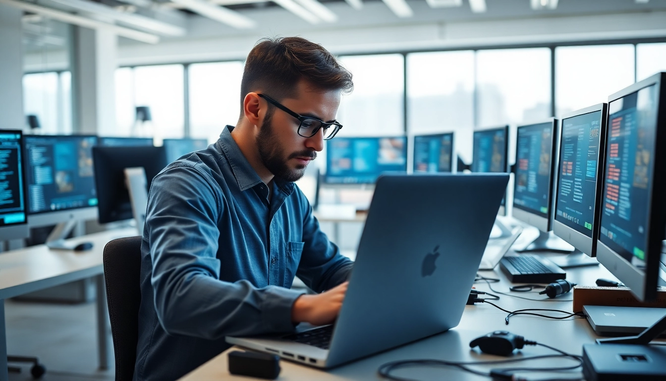 Providing expert computer services, a technician repairs a laptop in a modern office setting.
