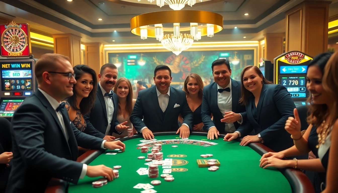 Experience the thrill of net win at luxurious casino tables with excited players and vibrant gaming elements.