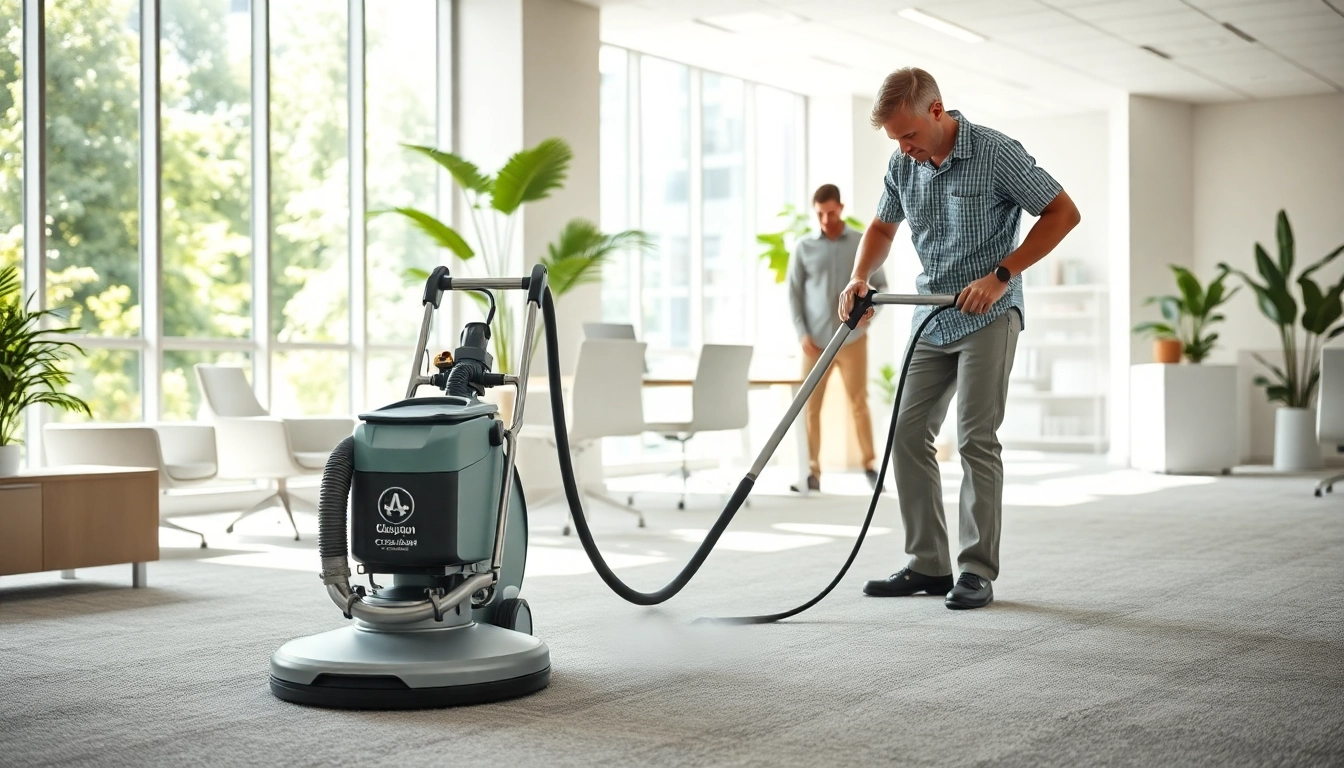 Professionals performing commercial carpet cleaning in a modern office with natural light.