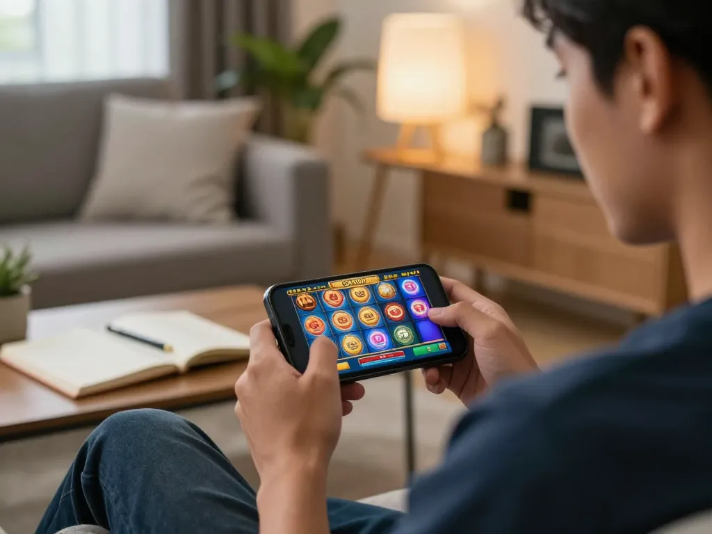 Bermain slot gacor dalam permainan online menggunakan smartphone, menampilkan antarmuka permainan yang cerah di rumah.