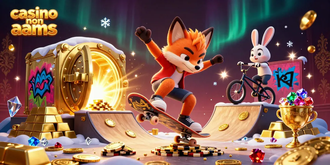 Casinò non AAMS: due animali cartoni animati che mostrano trucchi sullo skateboard e BMX tra simboli di casinò e tesori d'oro
