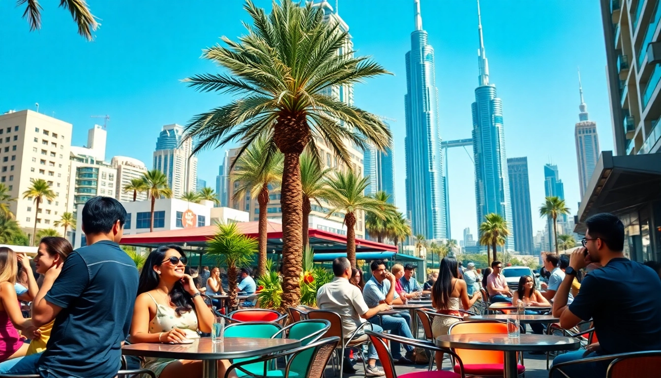Your Dubai lifestyle platform showcases a vibrant Dubai street scene with cafes and iconic skyscrapers.