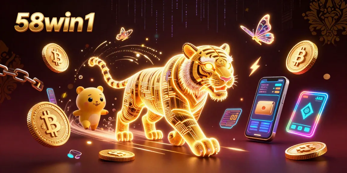 Engage with thrilling casino adventures at 58win1 featuring a neon-lit golden tiger and crypto elements.