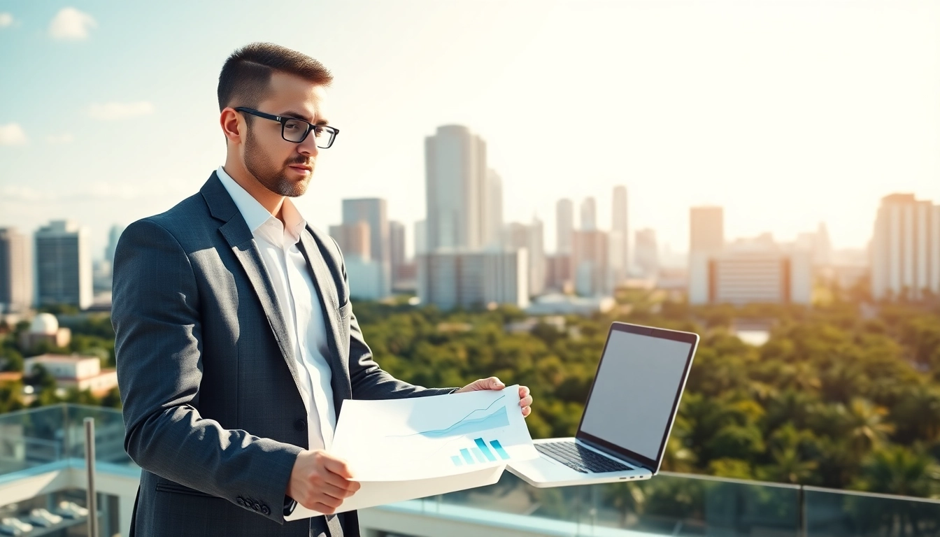 Improve Clearwater FL SEO with a digital marketing consultant analyzing strategies in a vibrant city.