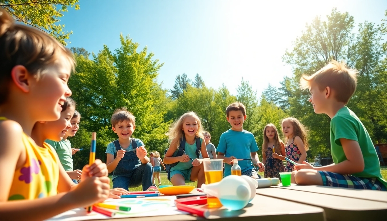 Kids enjoying summer kids camp activities like painting and playing games in a vibrant outdoor setting.
