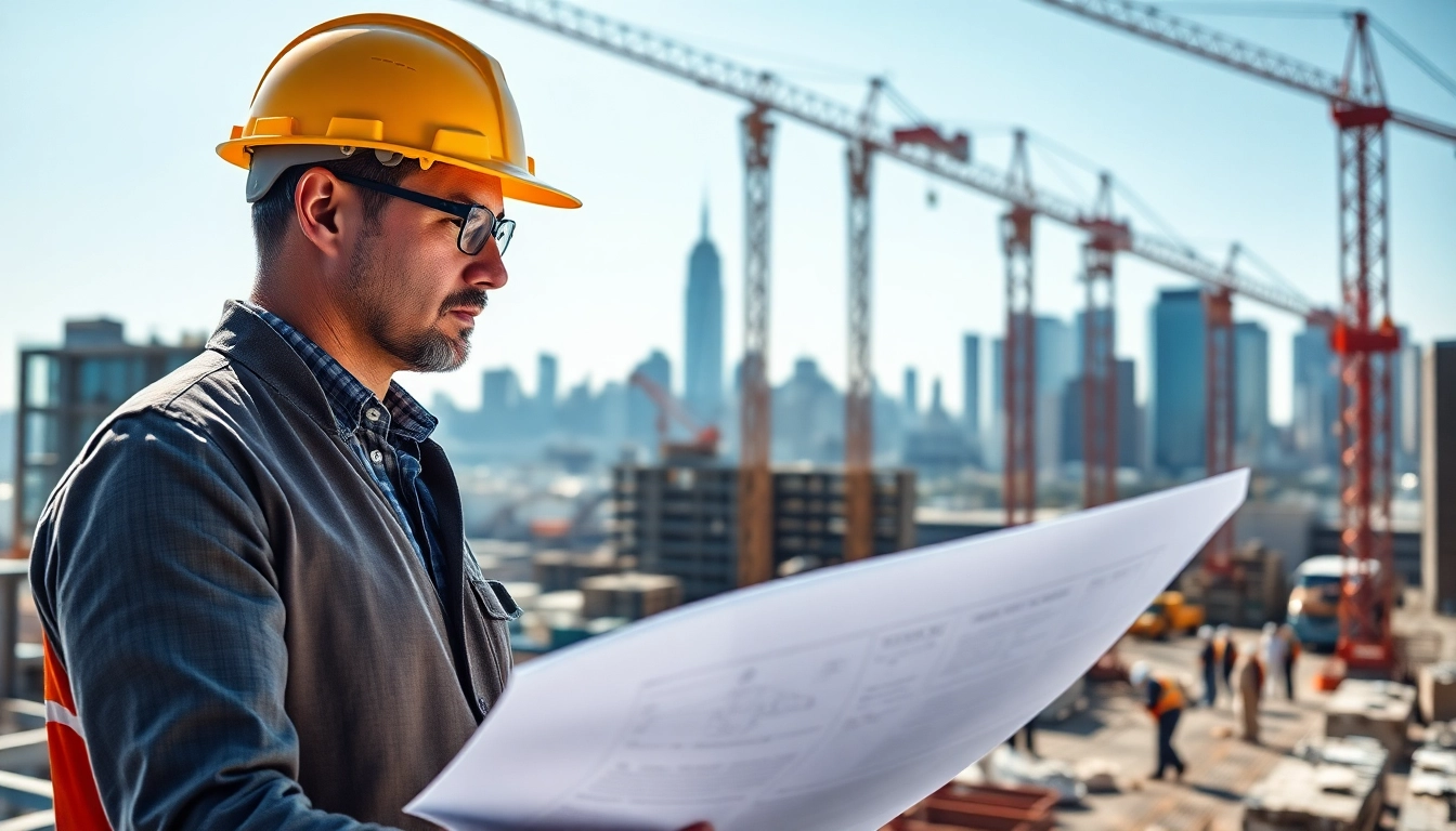 Manhattan Construction Manager effectively managing a busy construction site with blueprints.