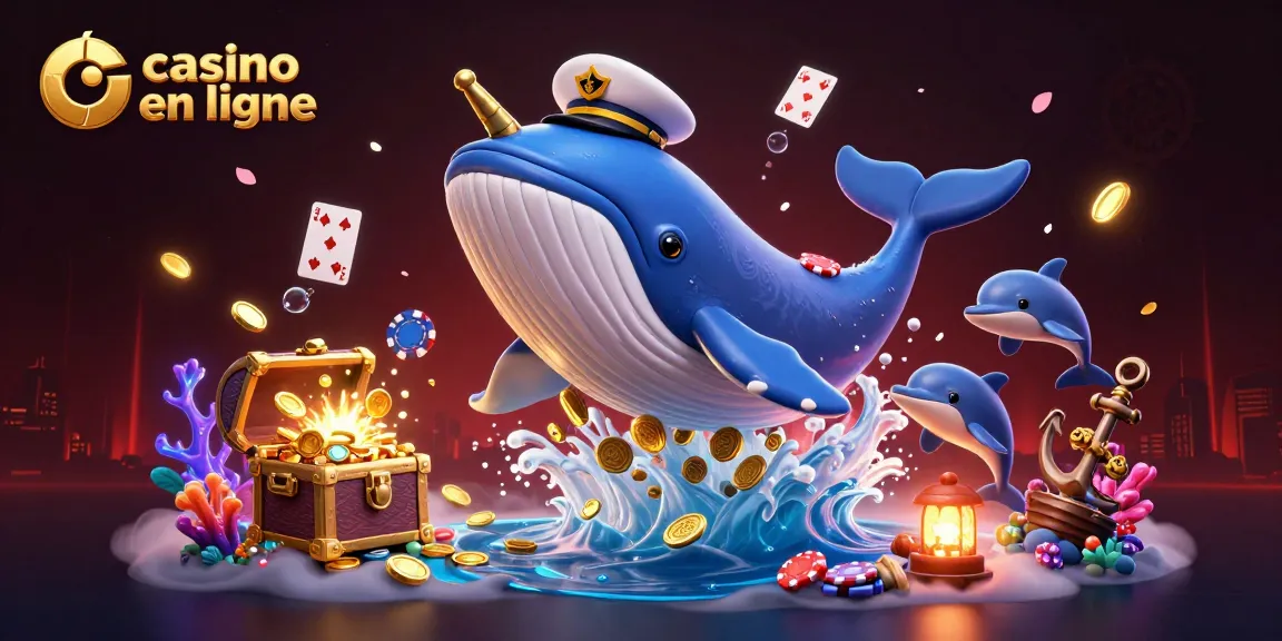 Jouer au casino en ligne avec une illustration de baleine et de dauphins au milieu des pièces d'or.