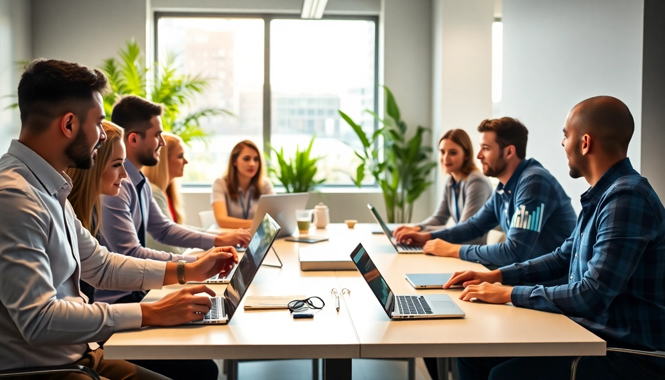 Engaged team collaborates on digital marketing strategies in a modern office.