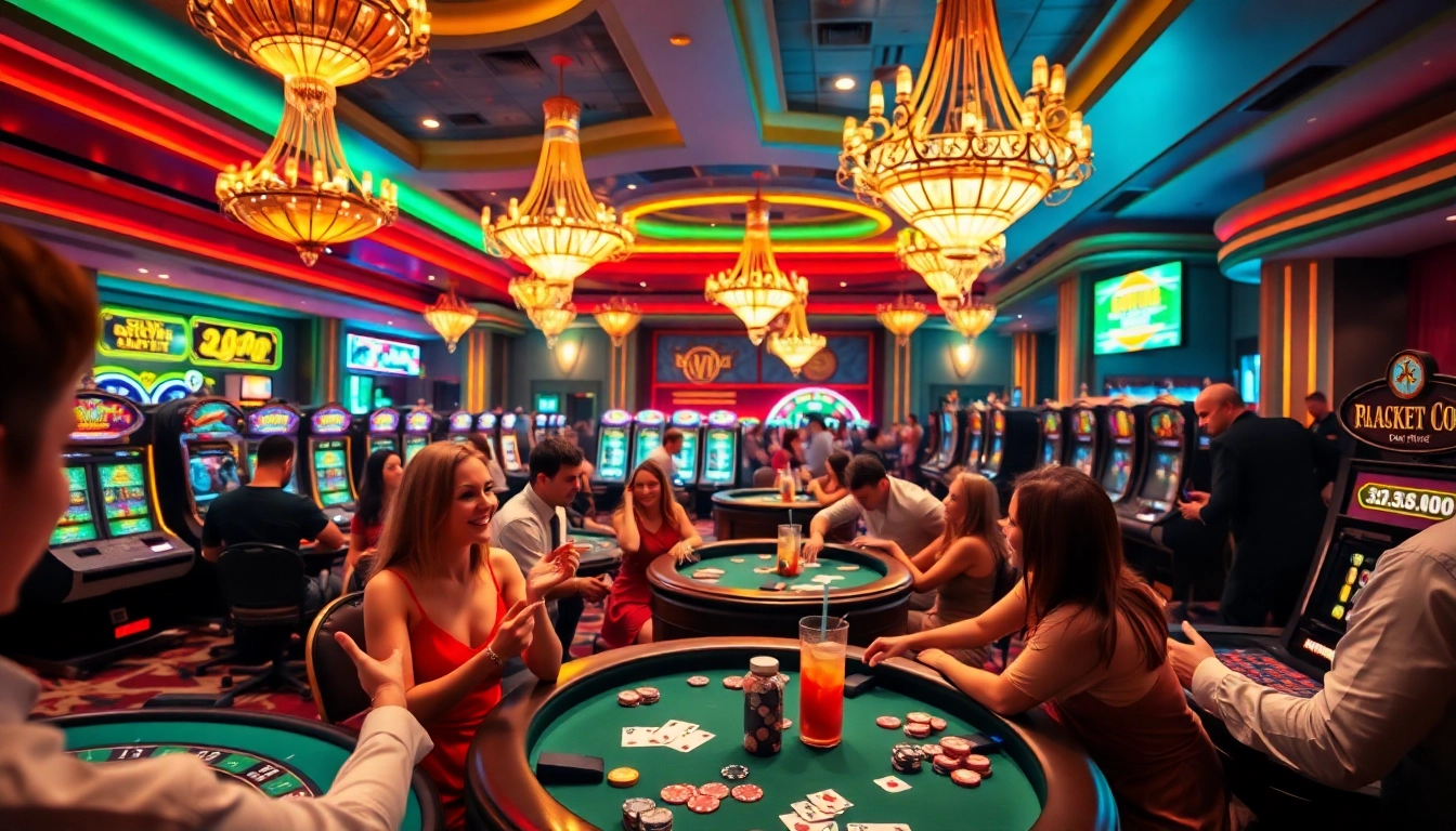 Spannendes Spielgeschehen bei casino-spiele de mit Spielern am Tisch und bunten Lichtern