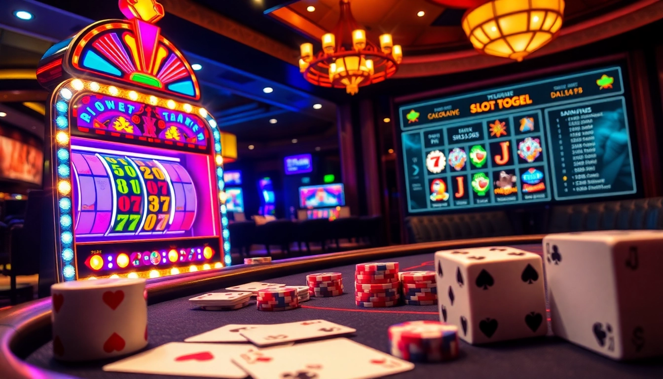 Permainan slot togel yang menarik menampilkan mesin slot berwarna-warni dan aksi poker di kasino mewah.