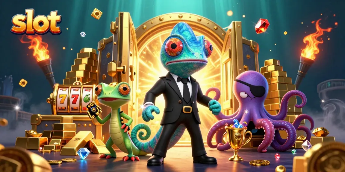 Spin slot reels with a chameleon, gecko, and octopus amid a treasure vault gleaming with gold.