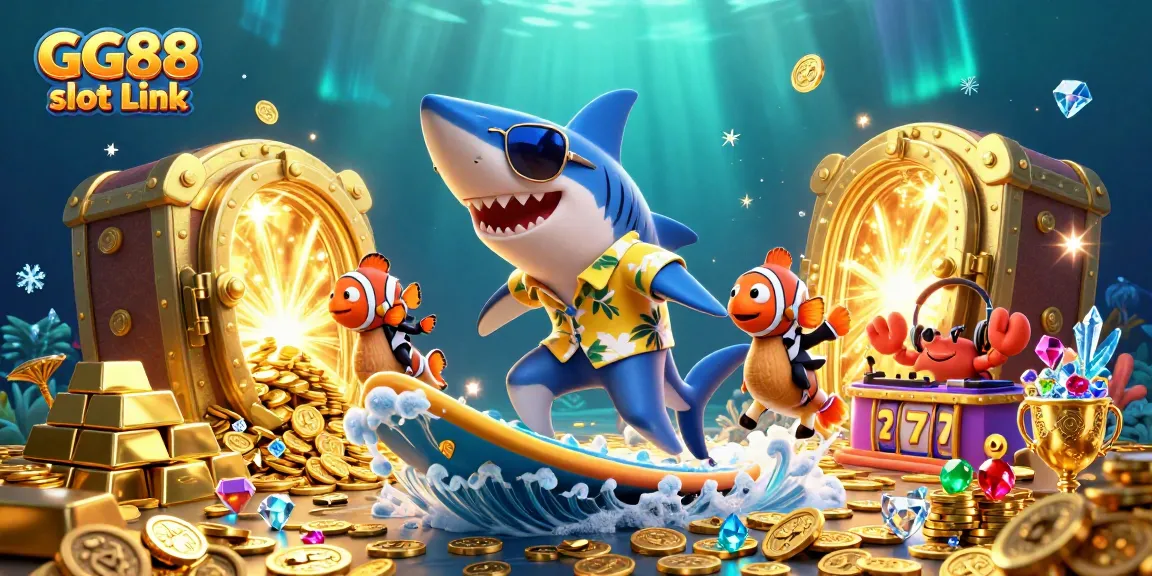 Engage with the vibrant GG88 slot Link illustration featuring characters in a colorful underwater casino scene.
