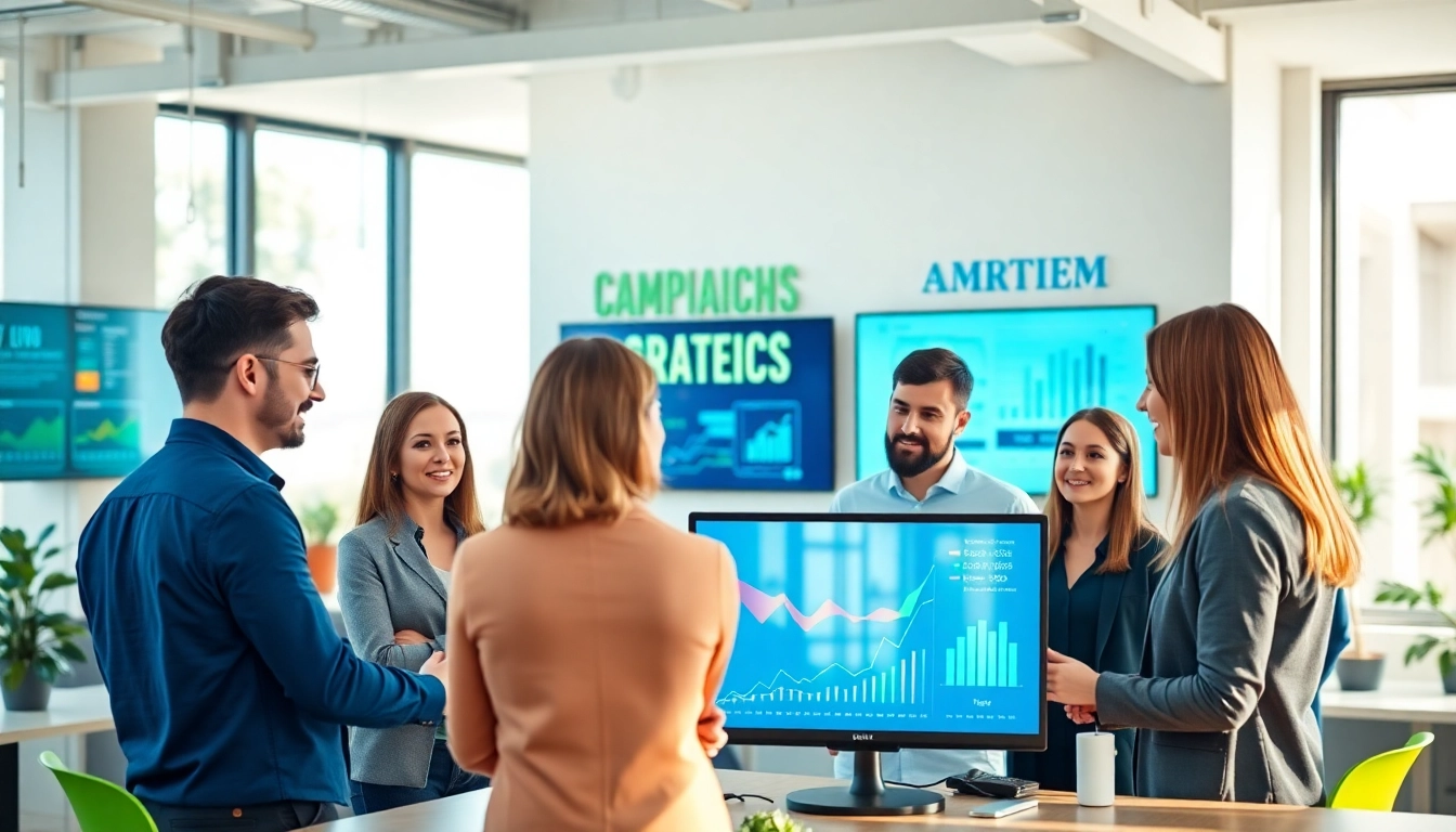 Engaged digital marketing company team brainstorming strategies in a bright office.