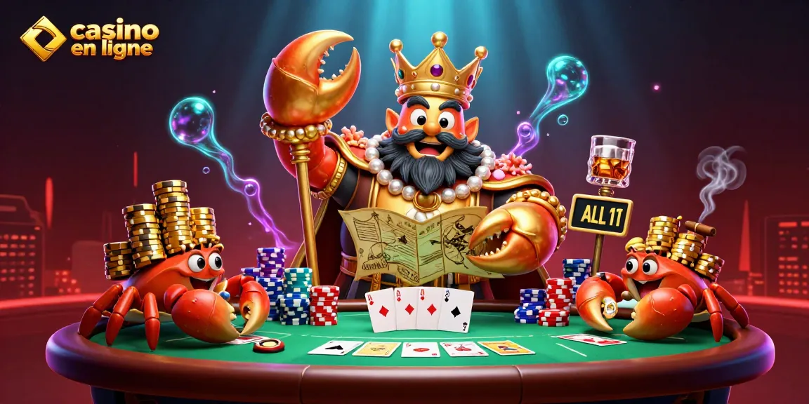 Jouez au casino en ligne avec un crabe impérial massif entouré de jeux de poker et de jetons d'or.