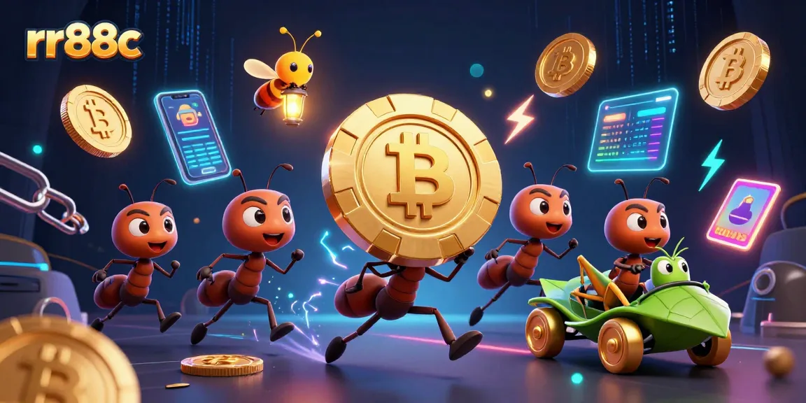 rr88c's cartoon heist scene with ants and crypto elements illustrates vibrant online gambling excitement.