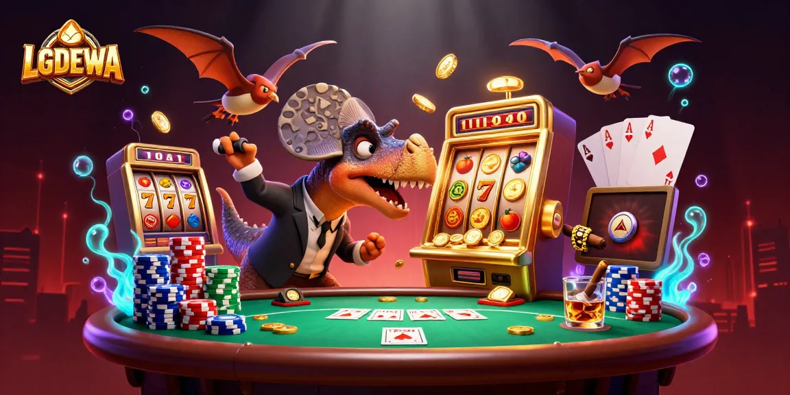 Engage with LGODEWA as a cartoon dinosaur interacts with a golden jackpot slot machine amid vibrant casino elements.