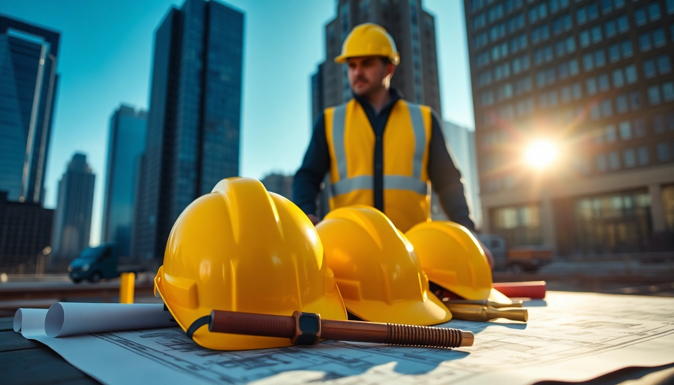 New York City Construction Manager analyzing plans on-site amidst a bustling construction environment.
