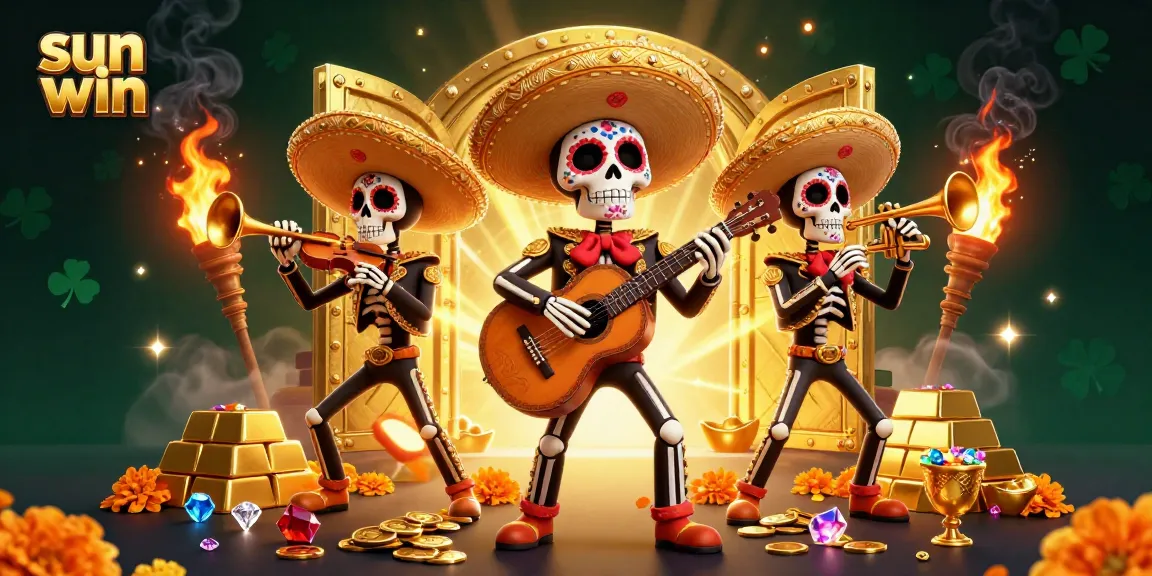 Experience the thrill of sun win with festive skeletons celebrating in a vibrant casino scene.