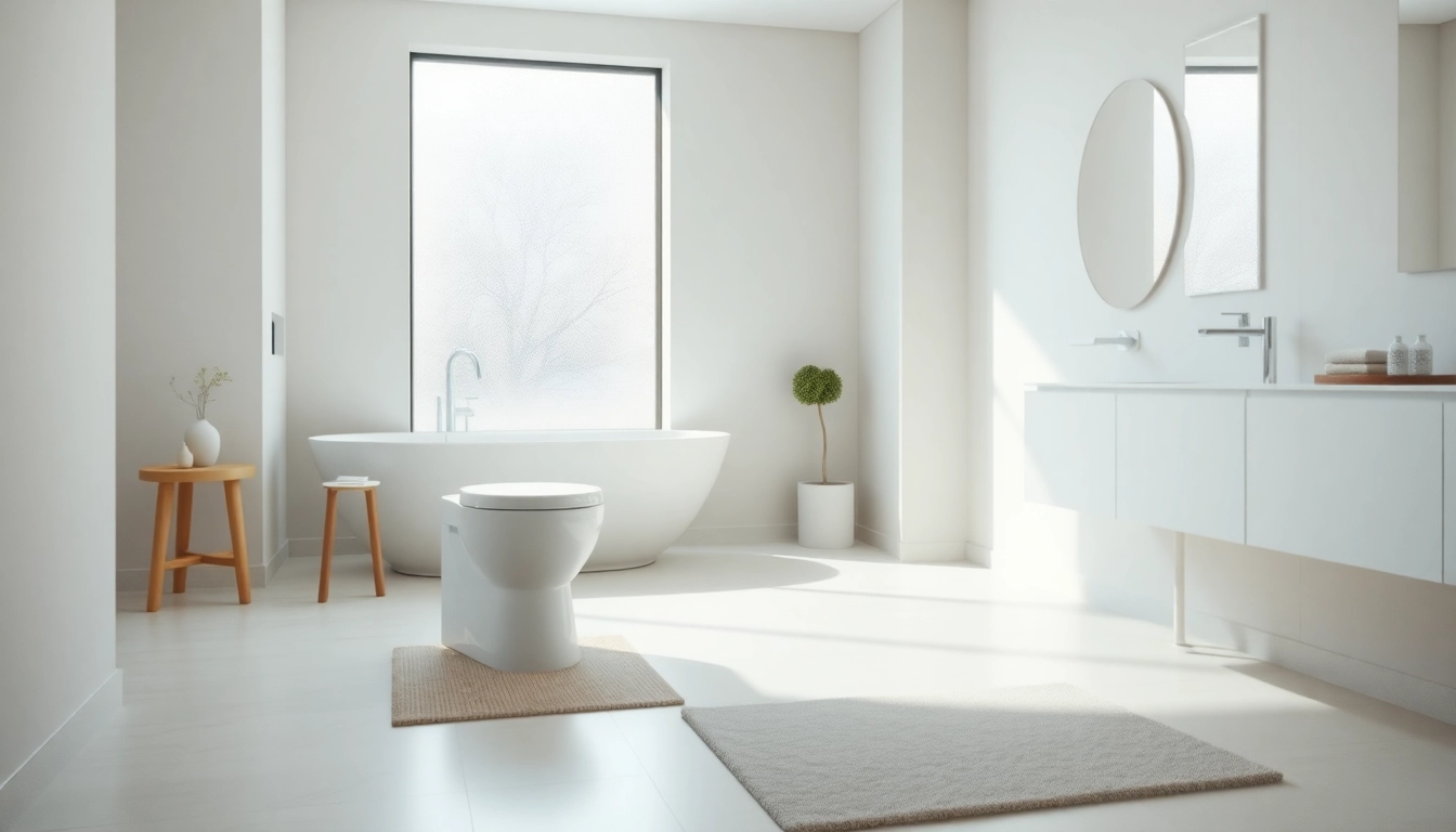 Copri wc elegante in un moderno bagno luminoso, design sofisticato e atmosfera rilassante.