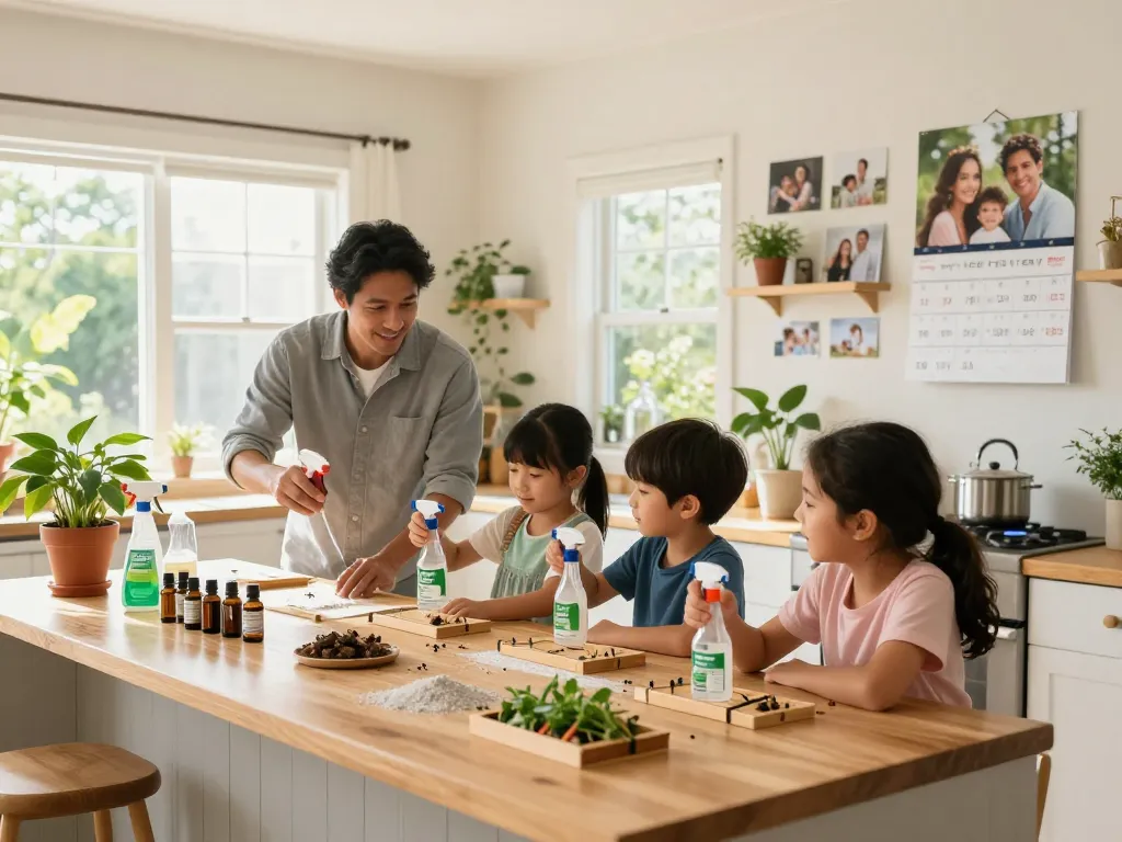 Family engaging in a pest control guide at home with eco-friendly techniques and products.