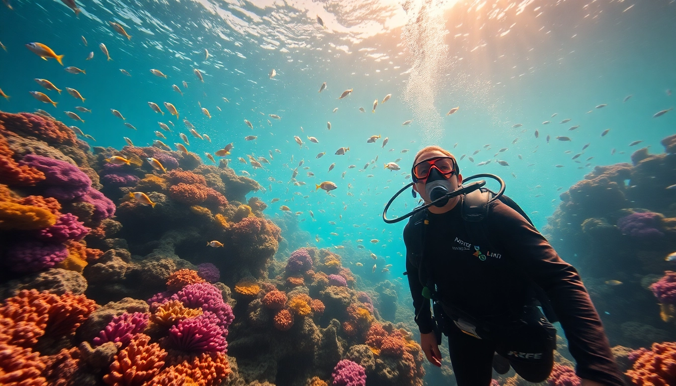 Tauchen im Meer mit einer Person in vollständiger Tauchausrüstung zwischen bunten Fischen.