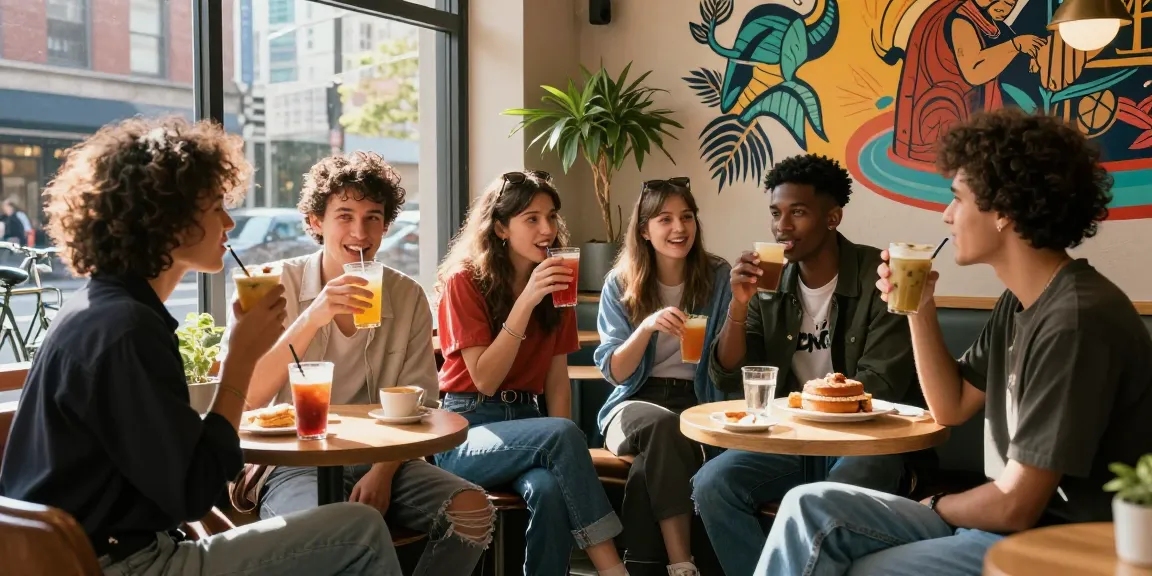 Group of friends enjoying lively café scene with rokok88 fashion styles.