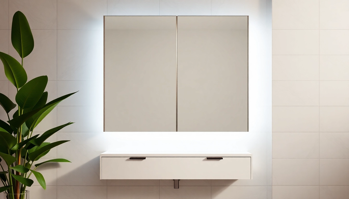 Showcase of a bathroom cabinet with mirror and light enhancing a stylish bathroom atmosphere.