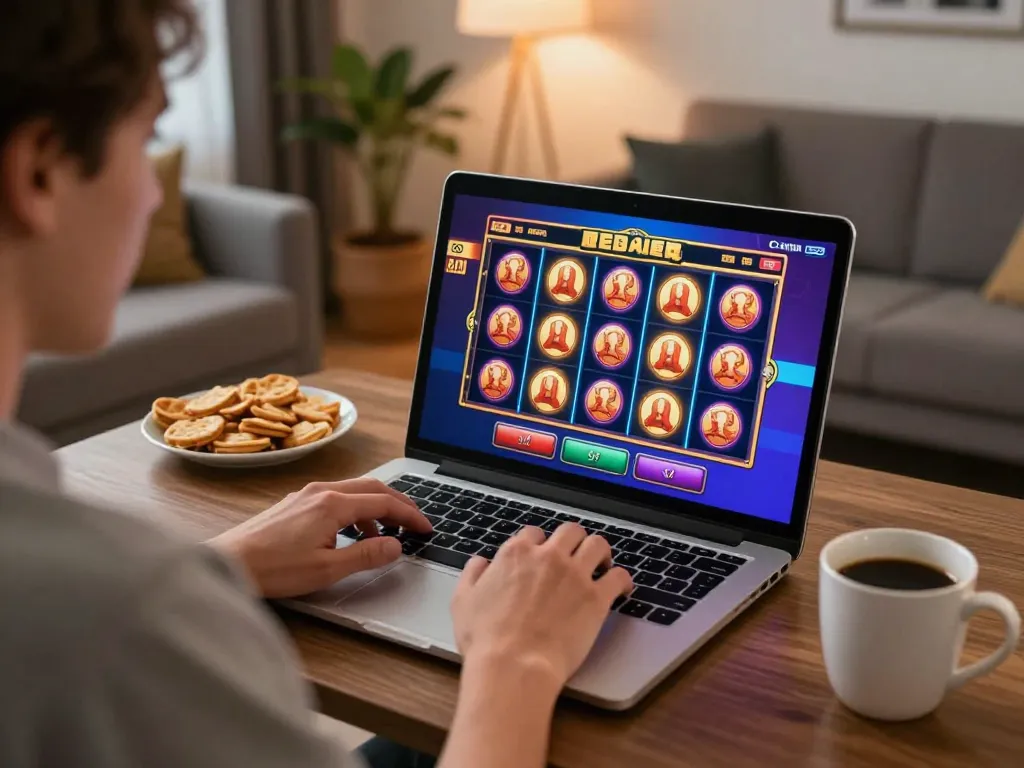 Engaging moment of online gaming with 388bet on a laptop, showcasing colorful slot game action in a cozy home setting.