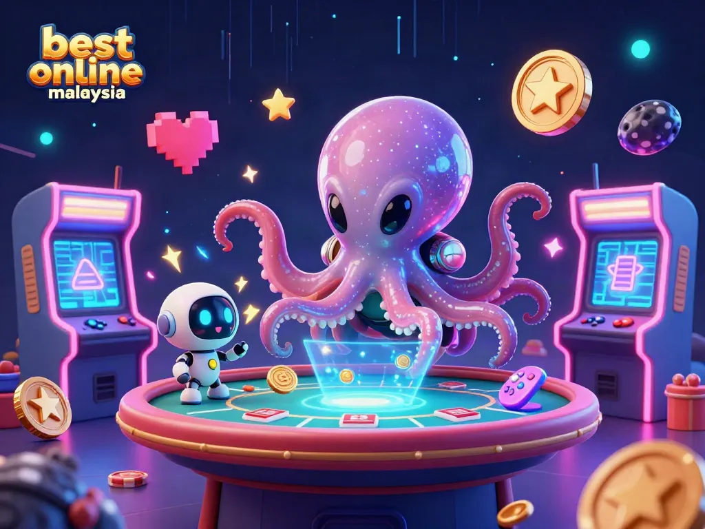 Play exciting games at the best online casino malaysia with a vibrant 3D scene of an alien octopus and robot companion.