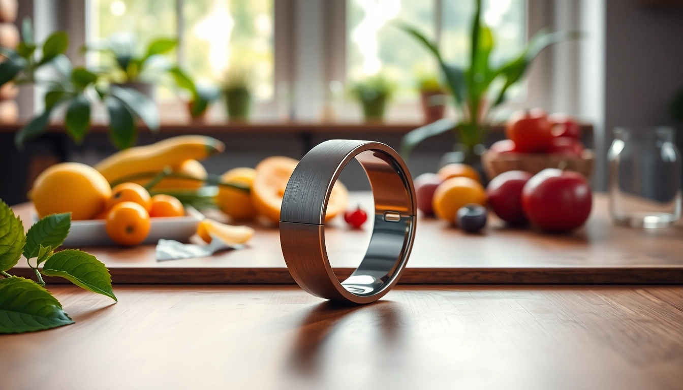 Showcasing a Smart Health Ring on a wooden table in a healthy setting with fruits and plants.